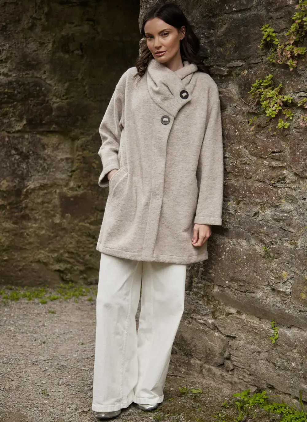 Ellie Side Button Collar Coatigan in Beige