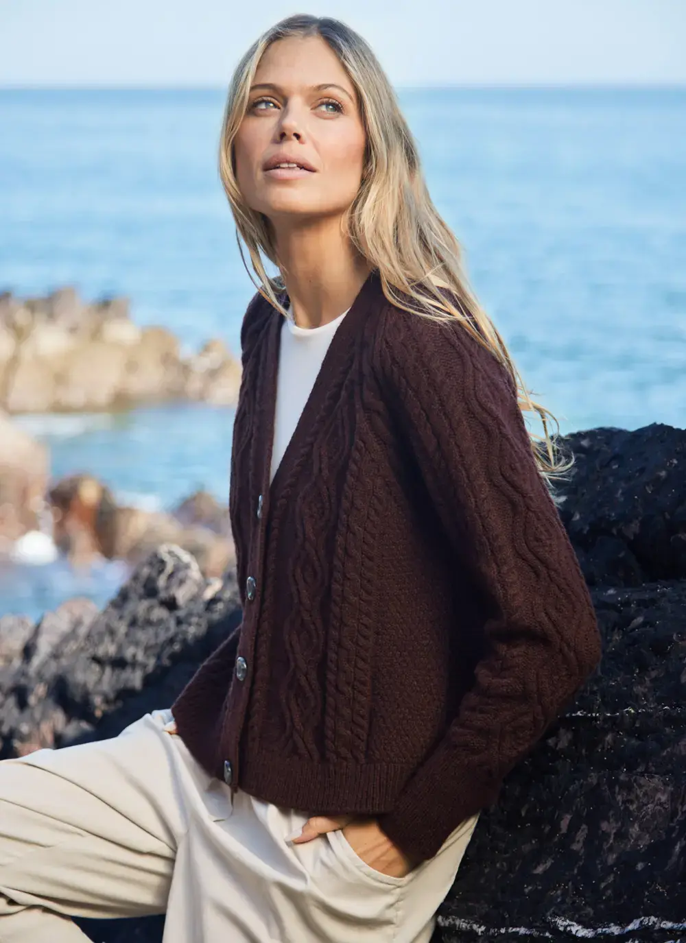 Evie Cashmere V- Neck Aran Cardigan 