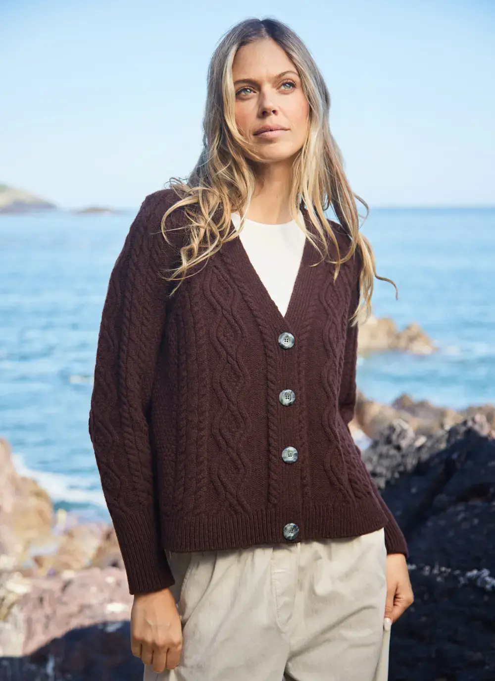 Evie Cashmere V- Neck Aran Cardigan 