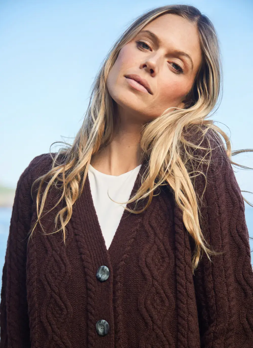 Evie Cashmere V- Neck Aran Cardigan 