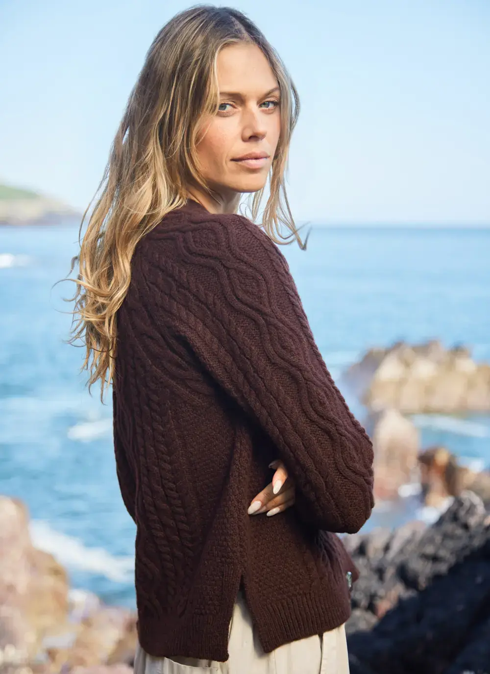 Evie Cashmere V- Neck Aran Cardigan 