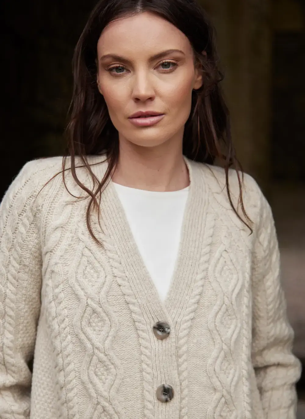 Evie Cashmere V- Neck Aran Cardigan 