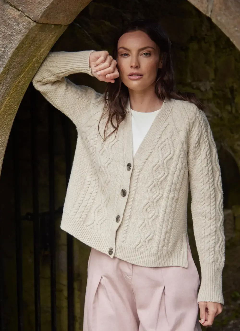 Evie Cashmere V- Neck Aran Cardigan 