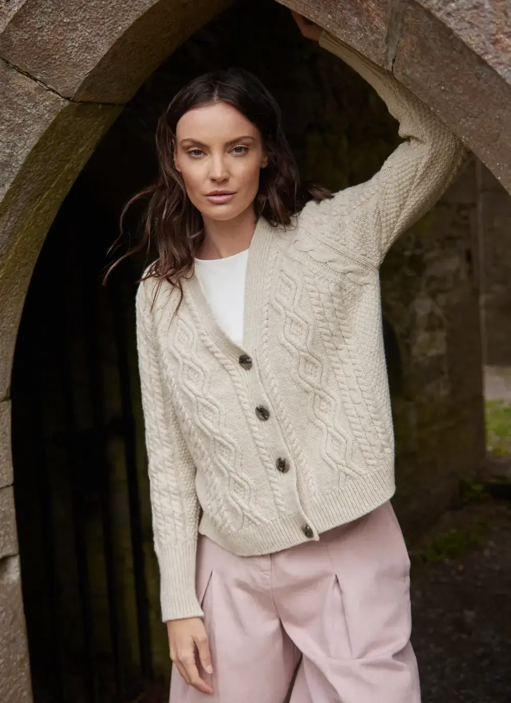 Evie Cashmere V- Neck Aran Cardigan 