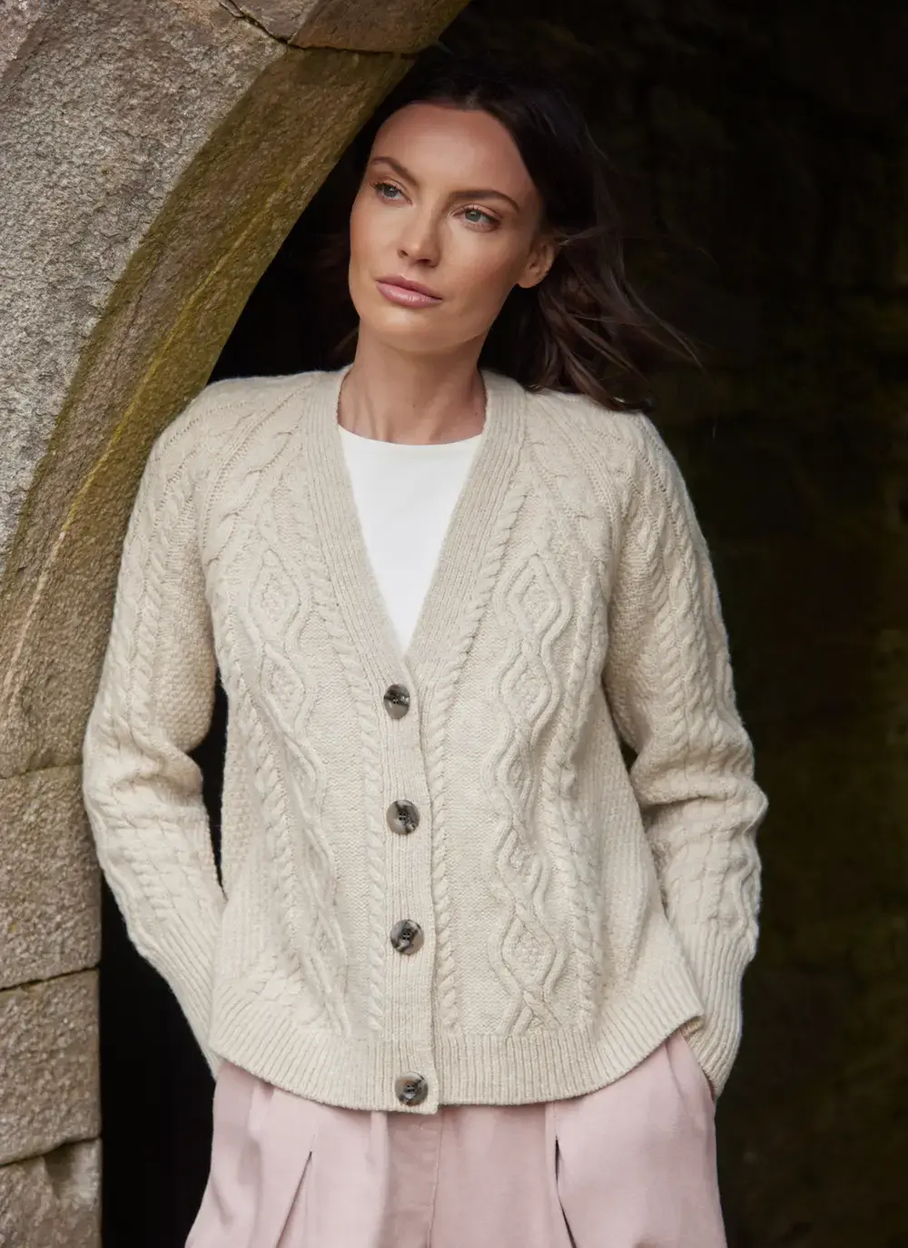 Evie Cashmere V- Neck Aran Cardigan 