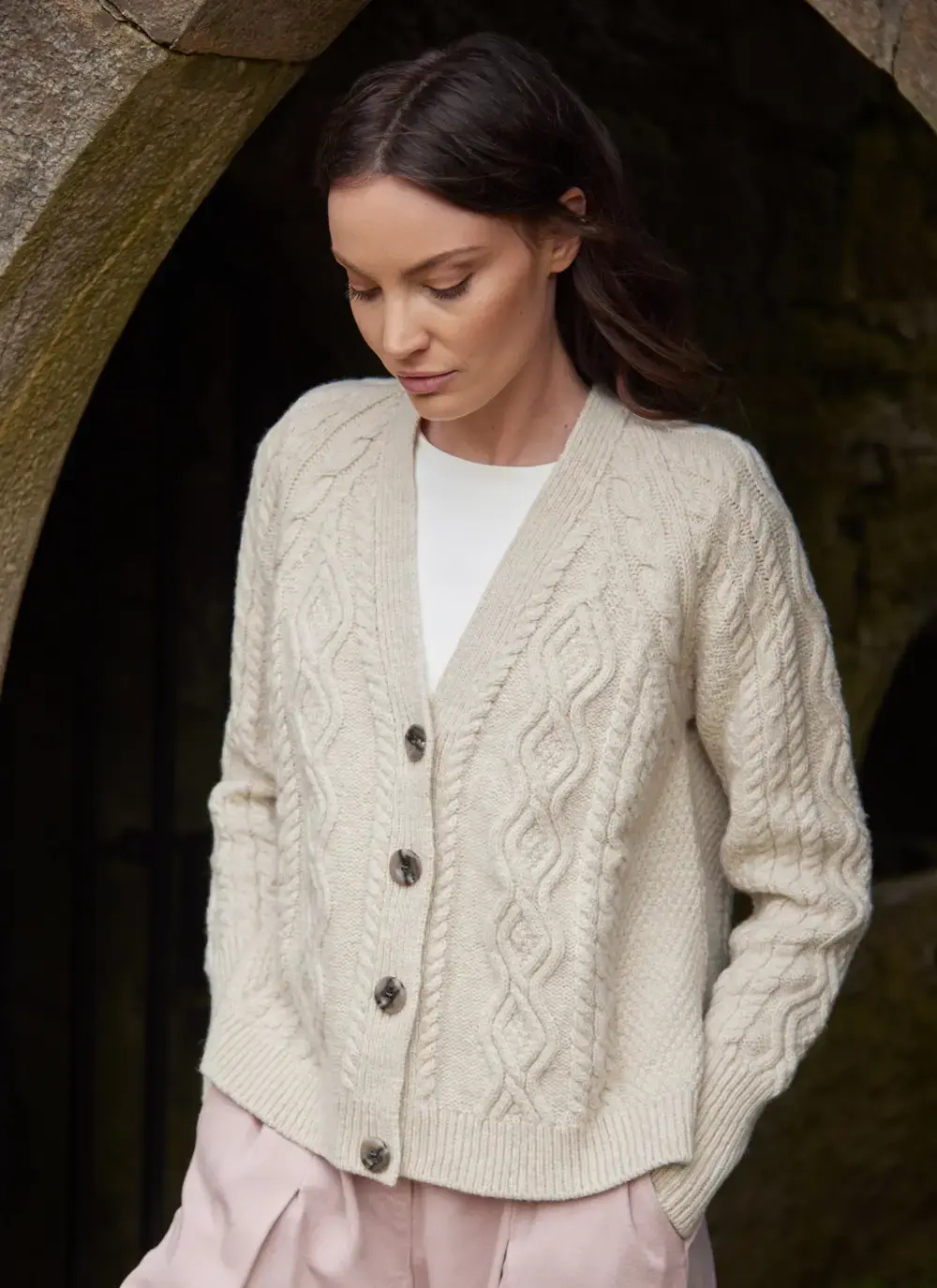 Evie Cashmere V- Neck Aran Cardigan 