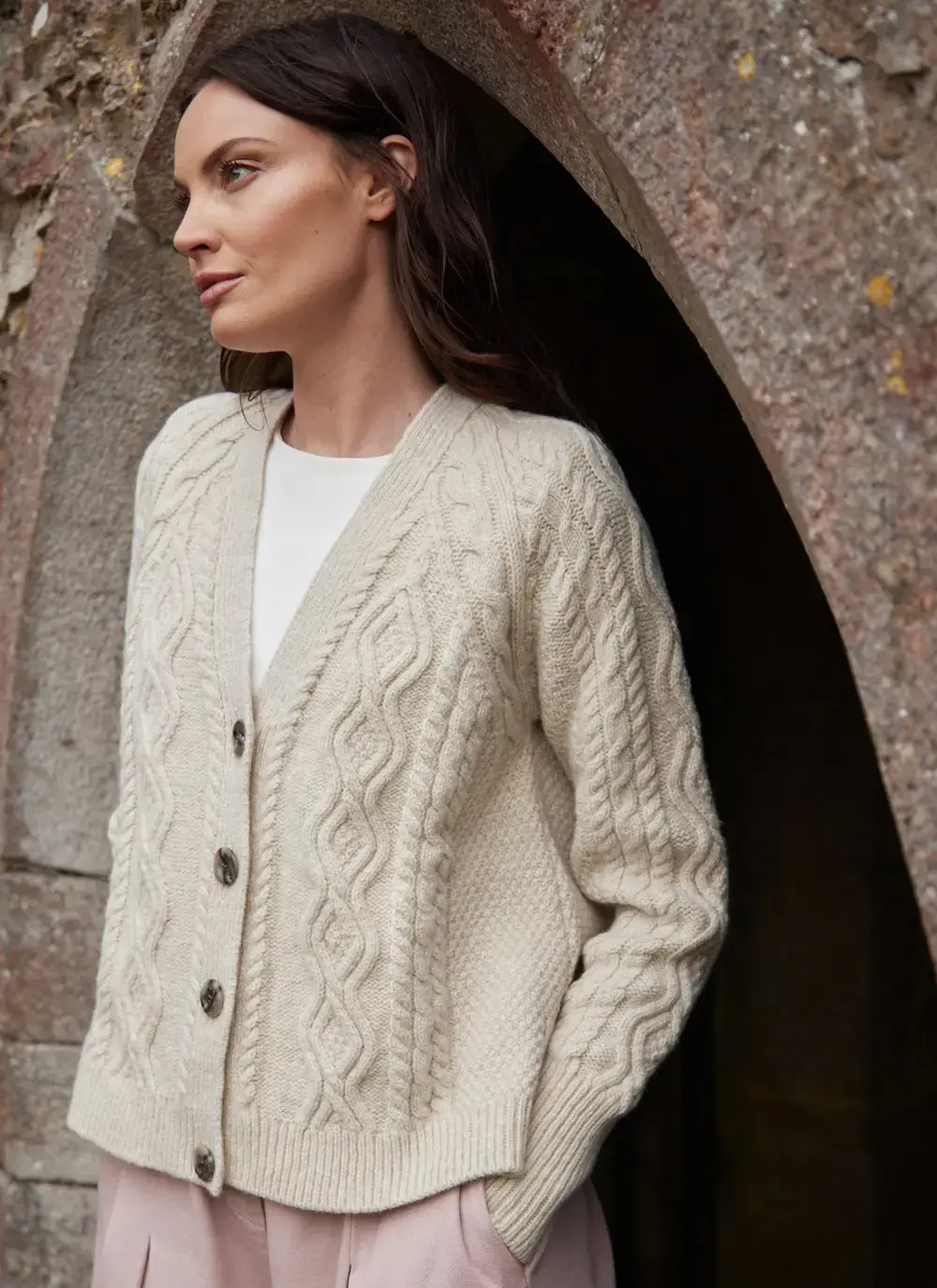 Evie Cashmere V- Neck Aran Cardigan 