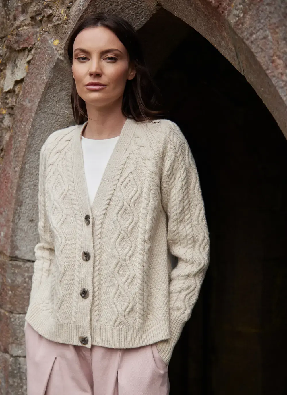 Evie Cashmere V- Neck Aran Cardigan 
