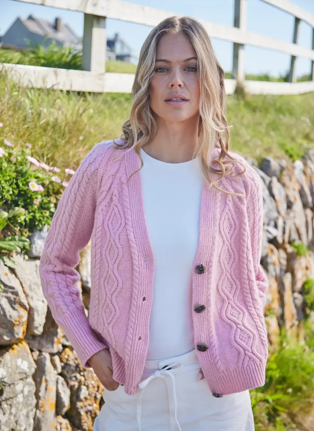 Evie Cashmere V- Neck Aran Cardigan 