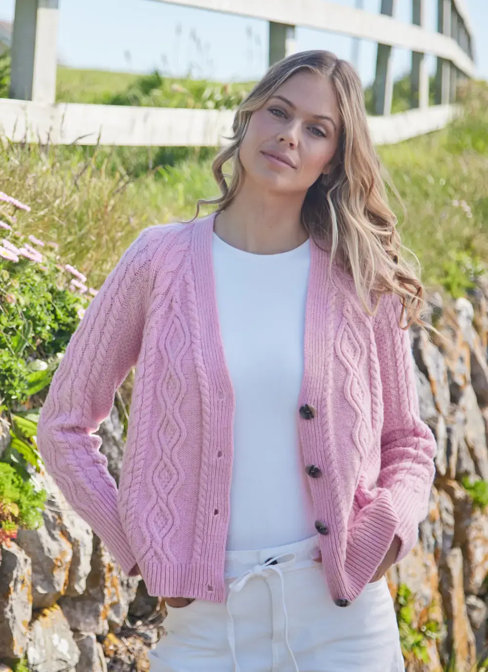 Evie Cashmere V- Neck Aran Cardigan 