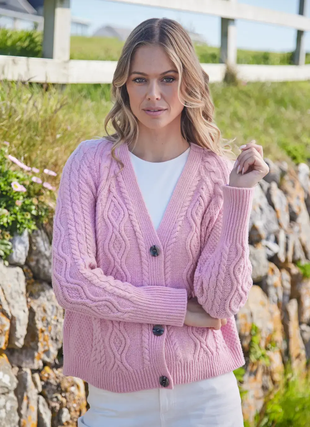 Evie Cashmere V- Neck Aran Cardigan 
