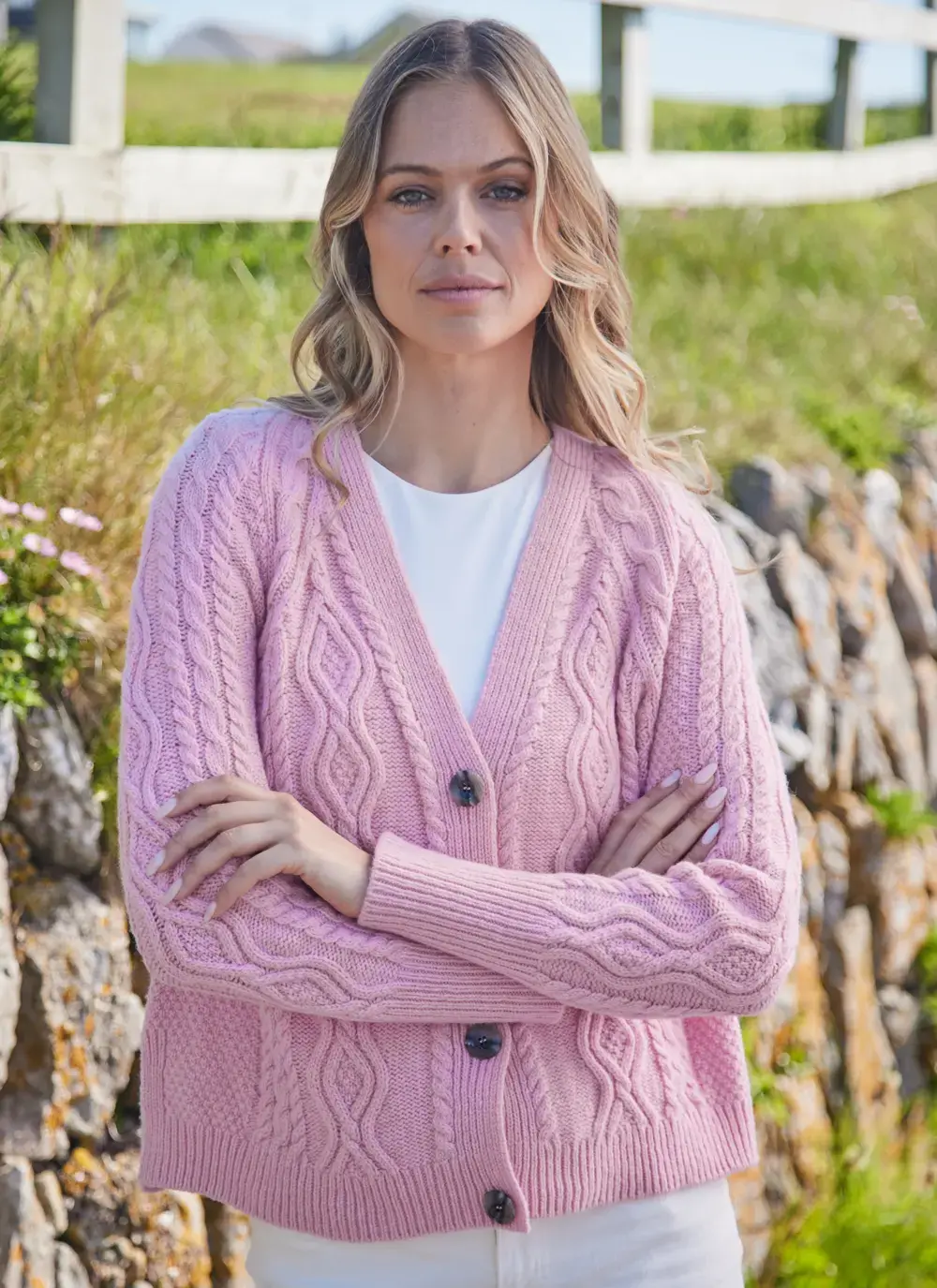 Evie Cashmere V- Neck Aran Cardigan 