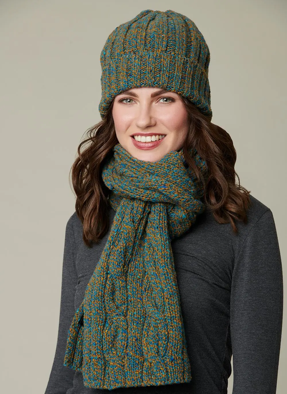 Fisherman Donegal Fleck Beanie & Scarf Set - Emerald Gold