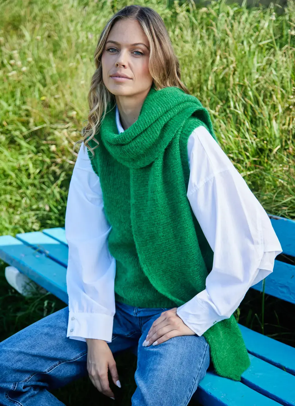 Fisherman Soft Baby Alpaca Link Knit Scarf in Kelly Green