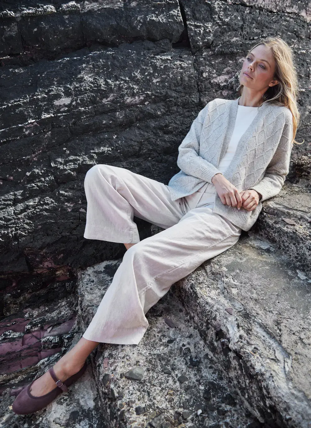 Fisherman Cashmere Open Diamond Cardigan in Mushroom