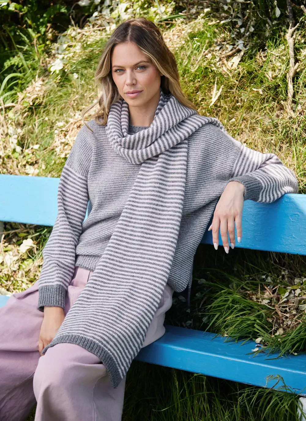Fisherman Cashmere Stripe Scarf in Grey/Blossom