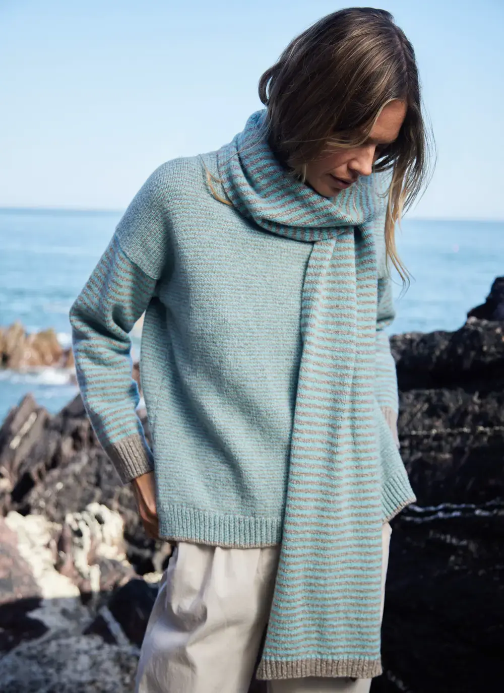 Fisherman Cashmere Stripe Scarf in Mushroom/Aqua