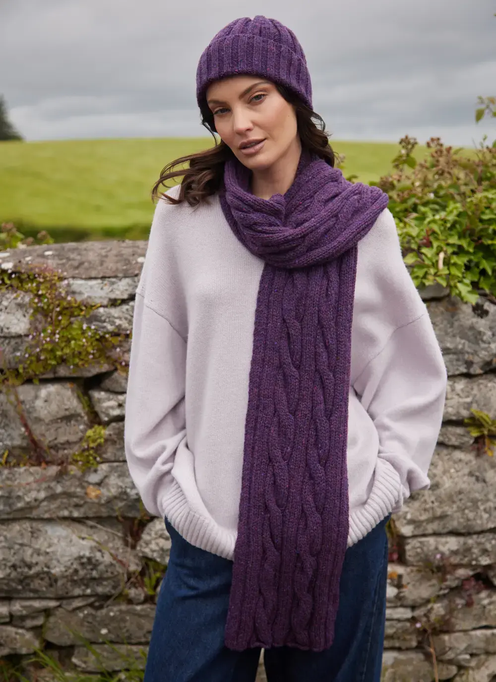 Fisherman Donegal Cable Scarf Blackcurrant