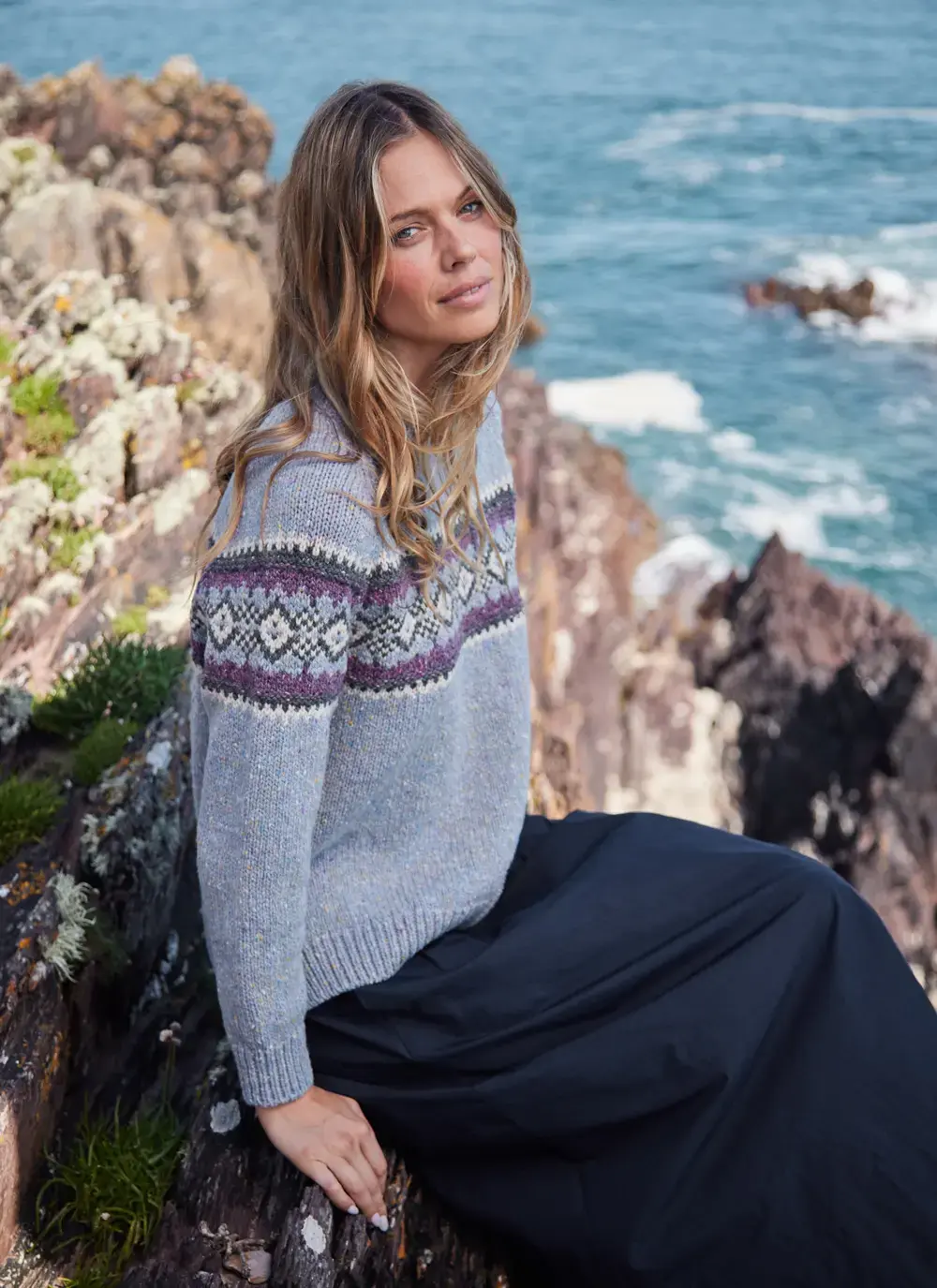 Fisherman Donegal Fairisle Chest Crew in Ice Blue Merino Wool Sweater