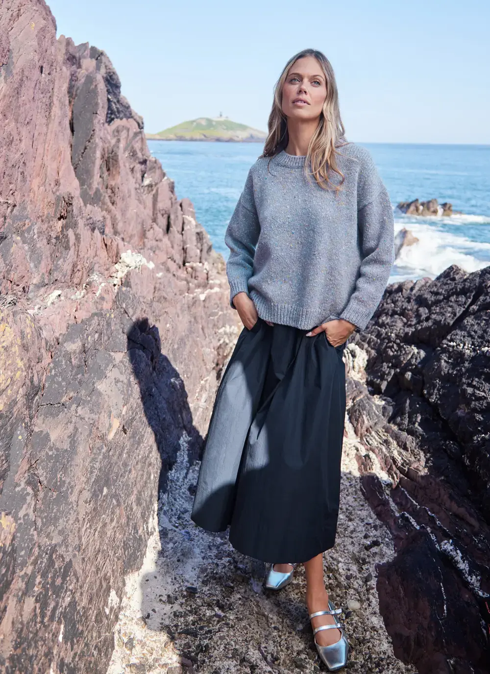 Fisherman Donegal Fleck Slouchy Sweater in Ice Blue