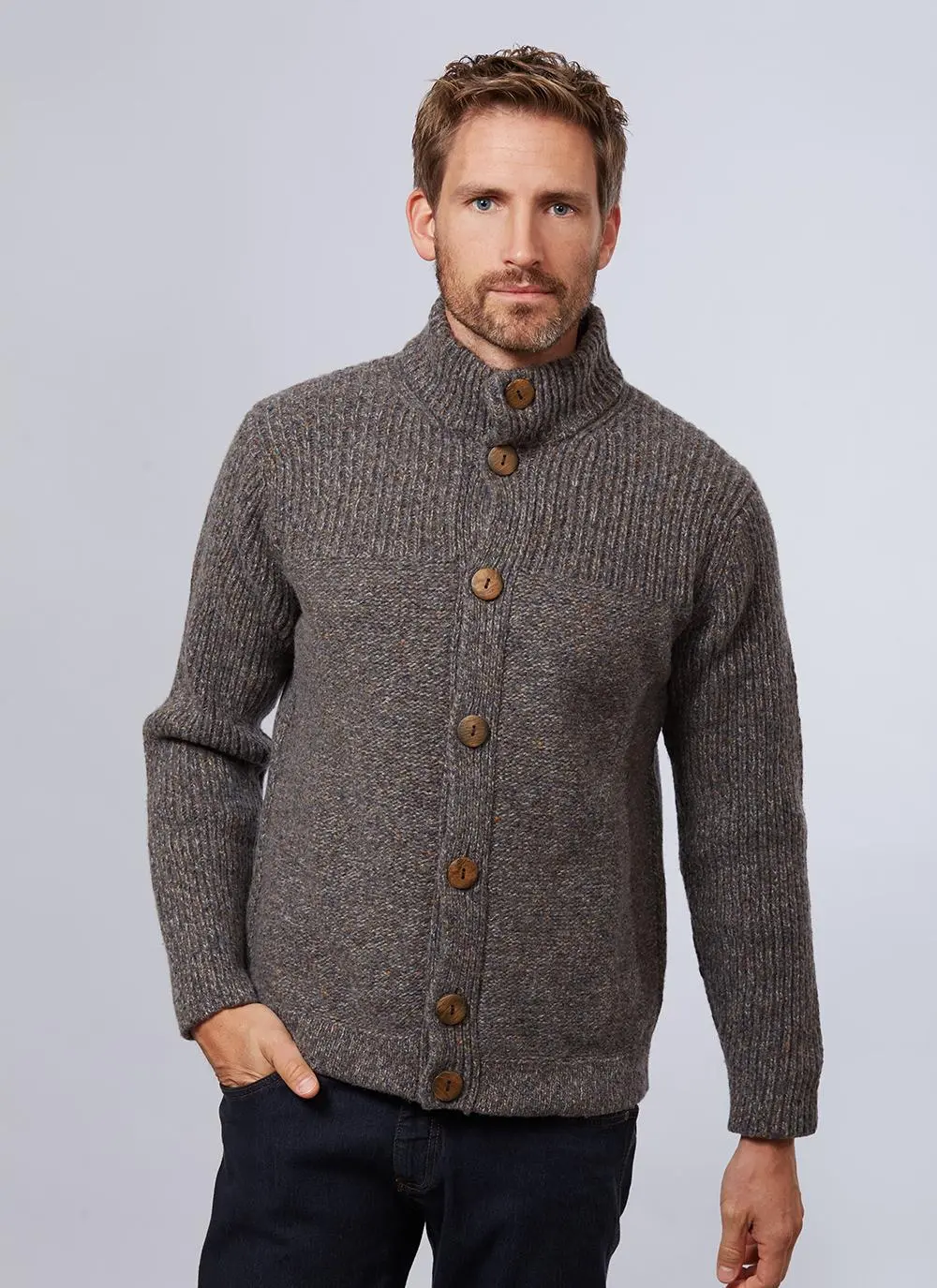 Fisherman Wool Cashmere High Neck Button Cardigan