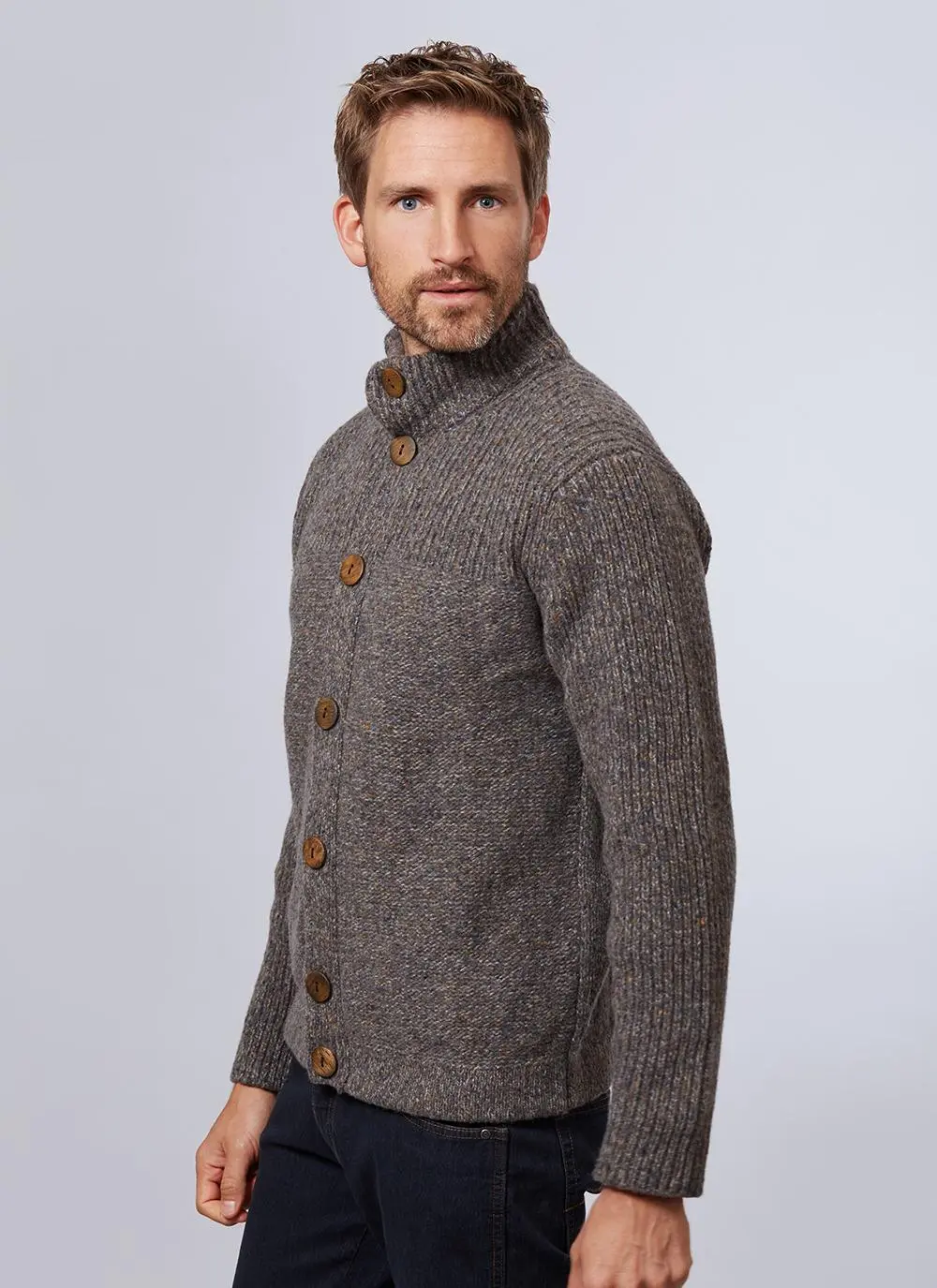 Fisherman Wool Cashmere High Neck Button Cardigan