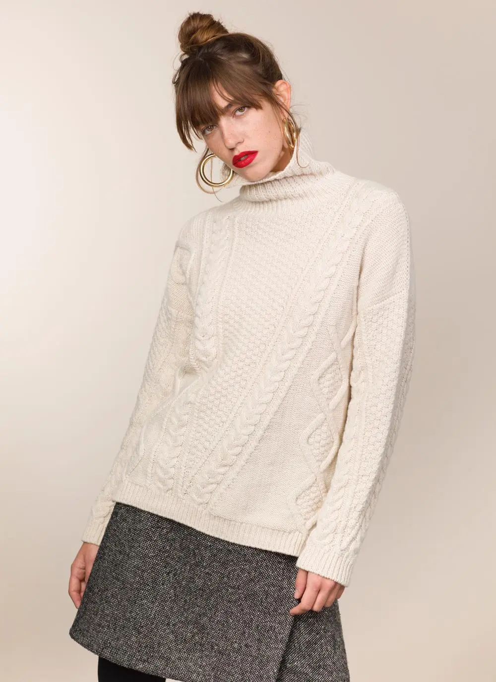 Fisherman Lambswool Funnel Neck Aran Sweater