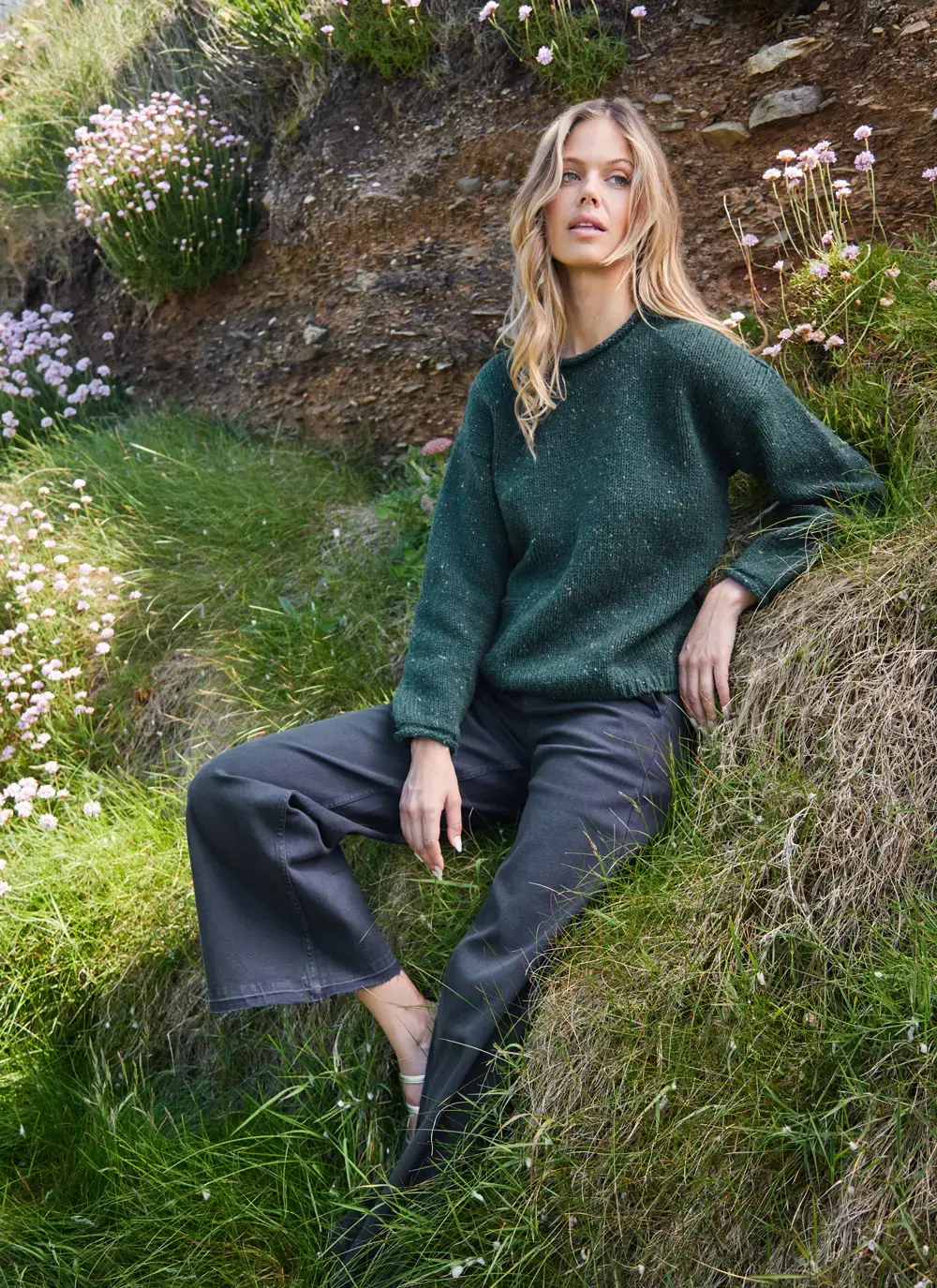 Fisherman Donegal Fleck Roll Neck Pocket Sweater in Scotts Pine