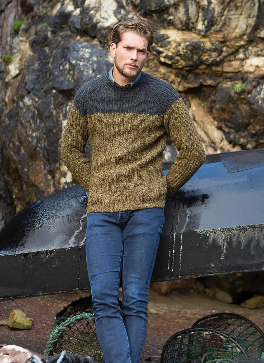 Fisherman Wool Cashmere Color Block Crew Neck 