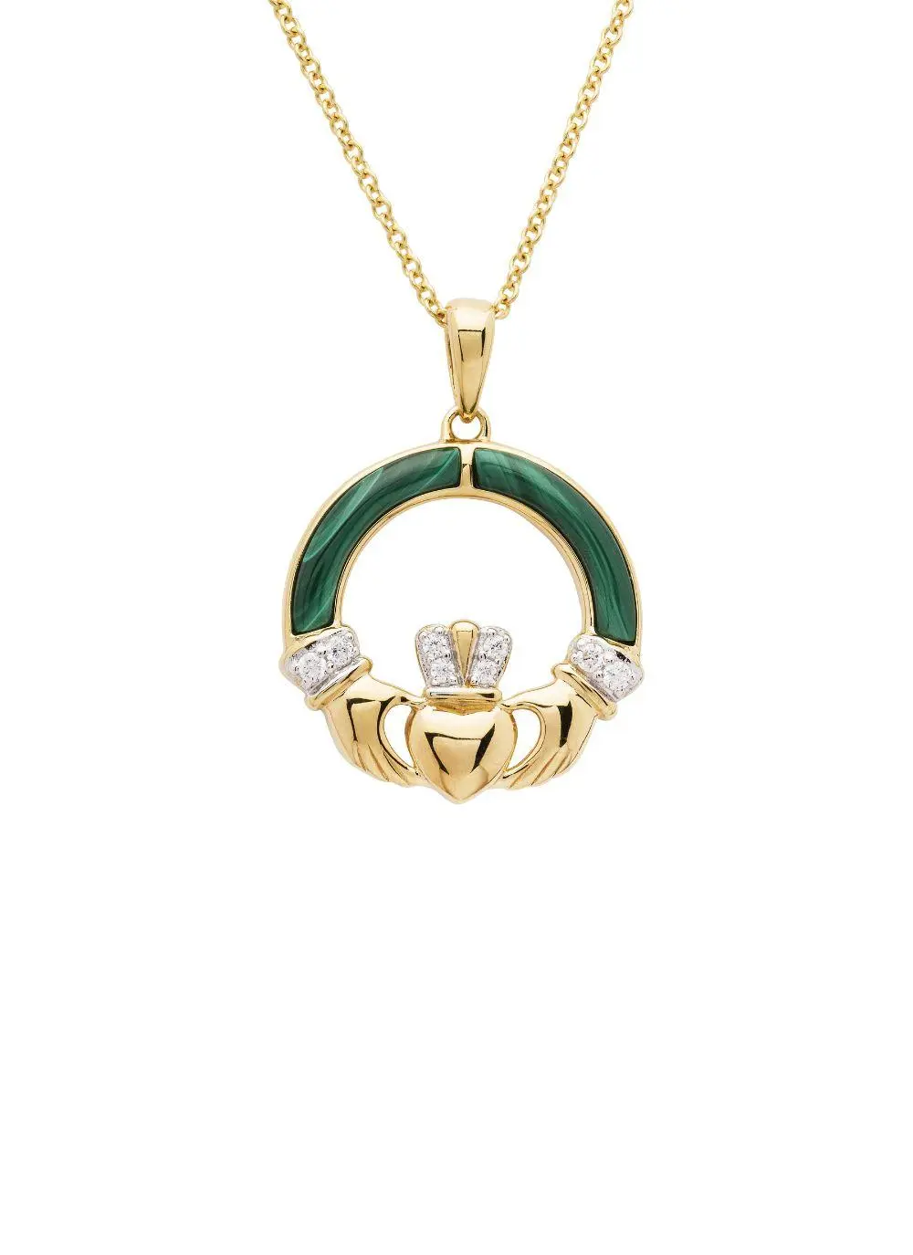 14ct Gold Vermeil Claddagh Pendant with Malachite & Cubic Zirconia