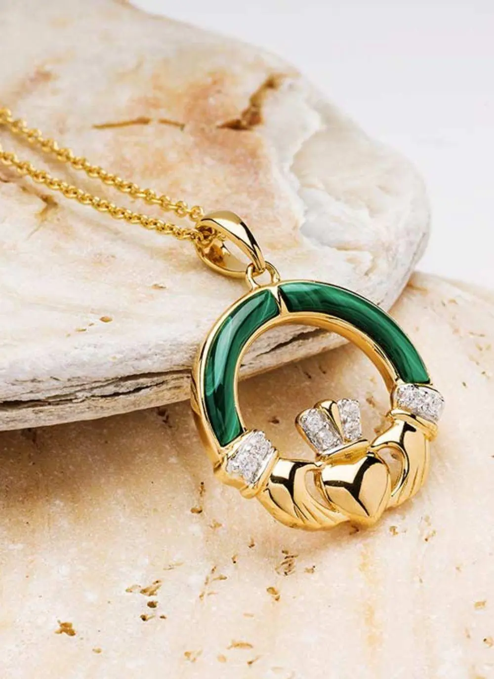 14ct Gold Vermeil Claddagh Pendant with Malachite & Cubic Zirconia