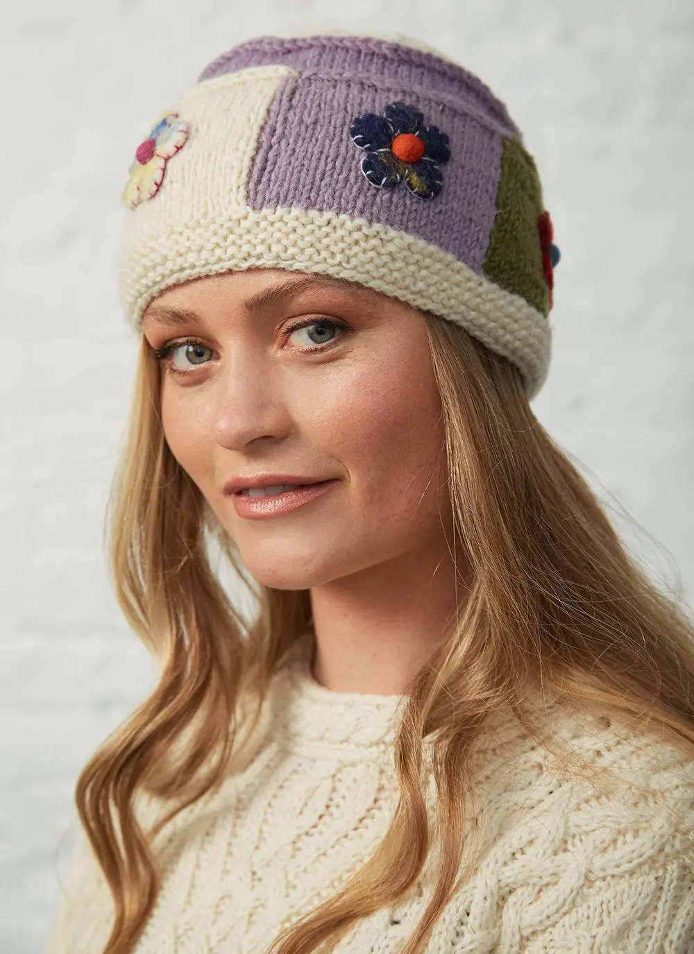 Hand-Knit Wool Floral Beanie