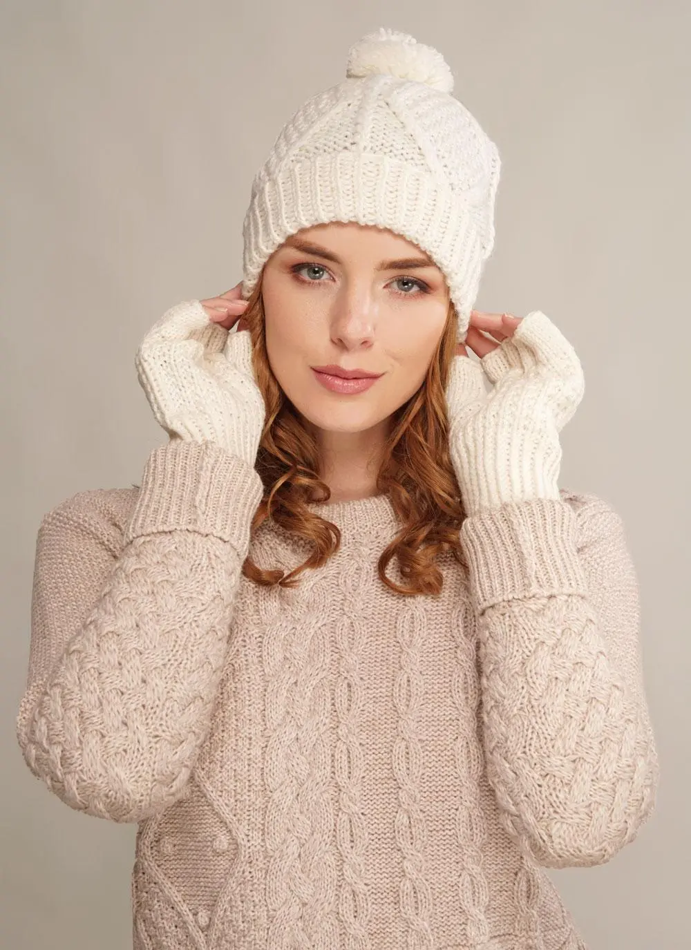 Fingerless Gloves & Hat Set Natural