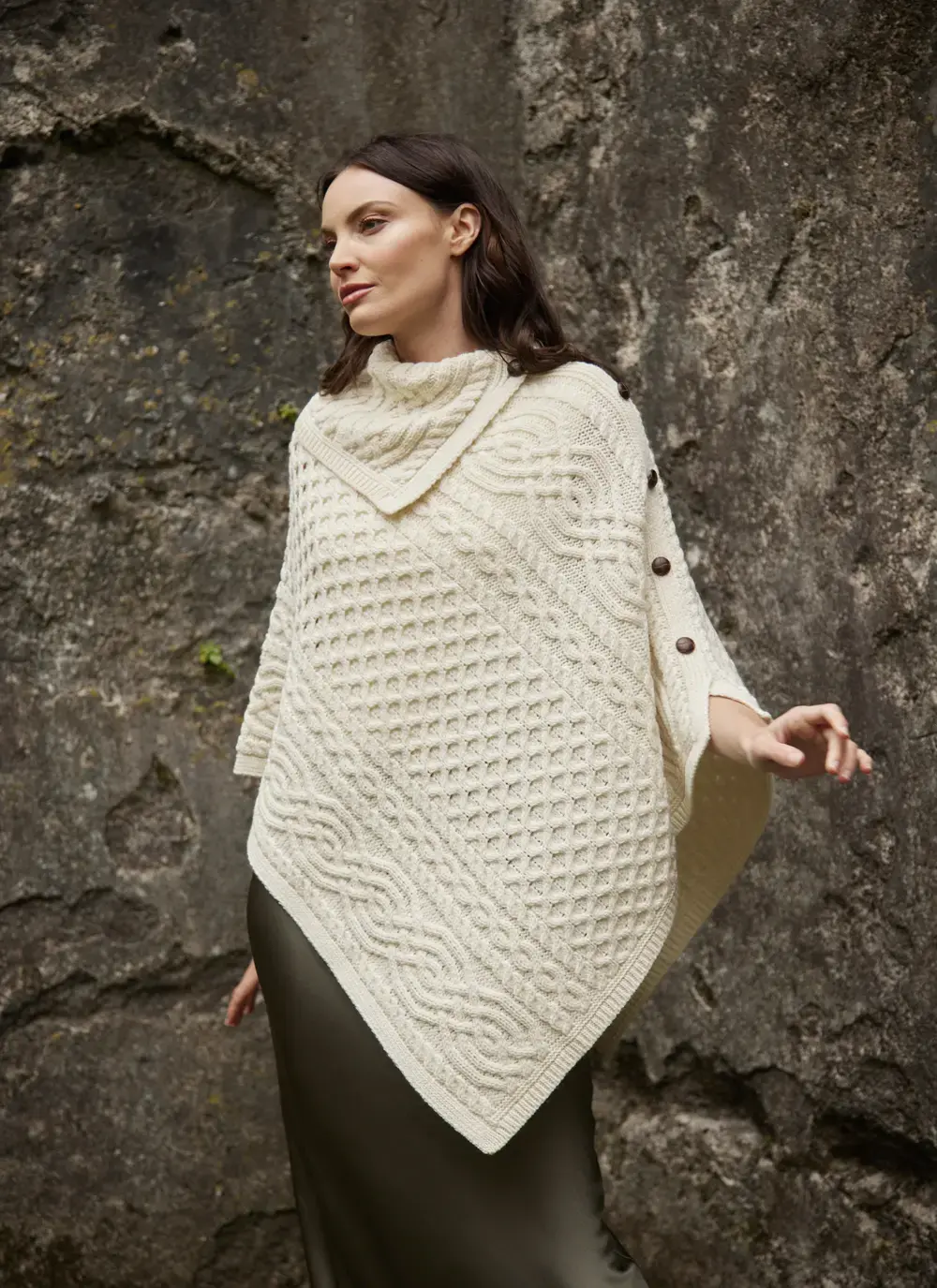 Honeycomb Cable Button Poncho in Natural