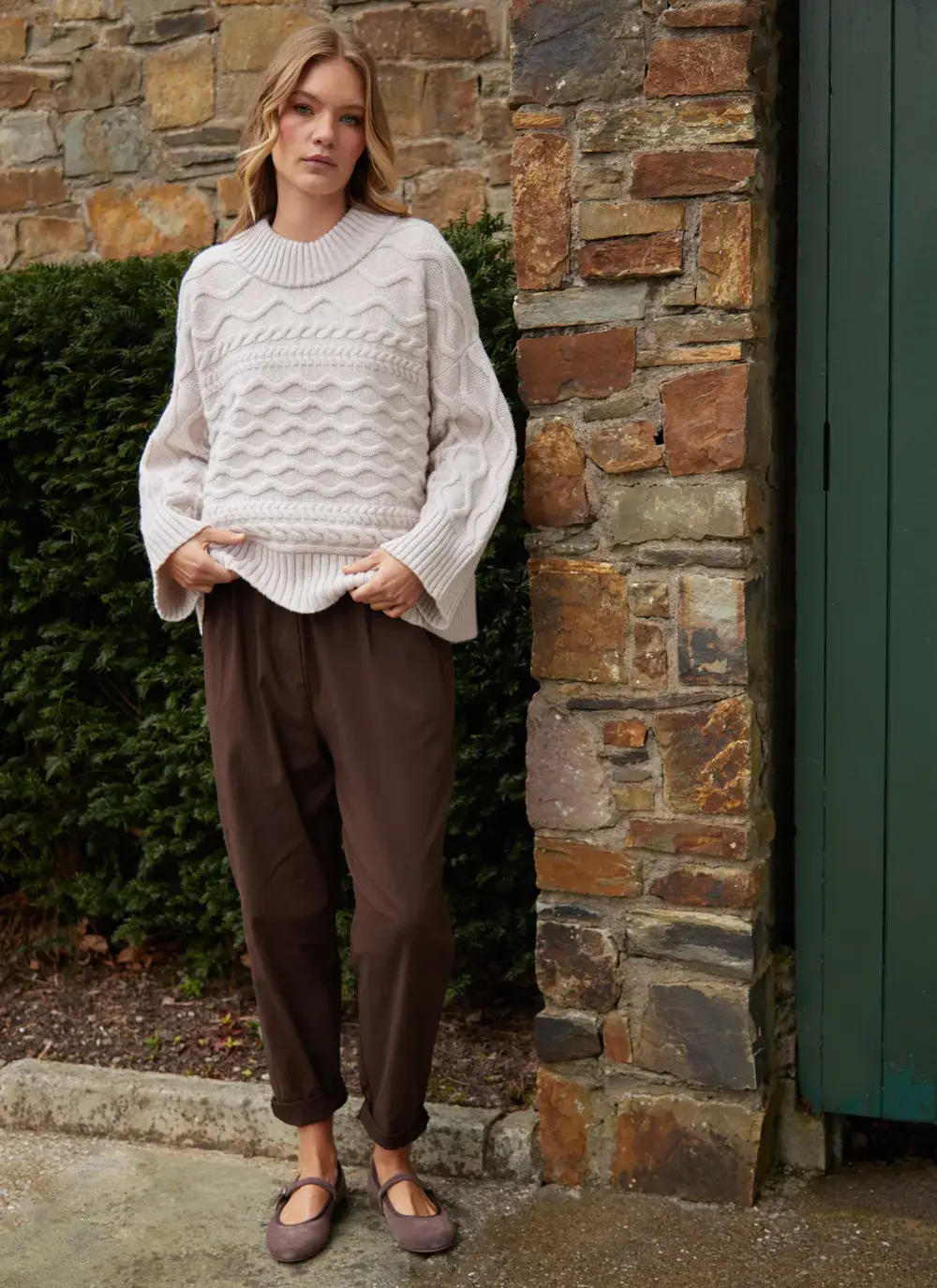 Horizontal Aran Crew Neck in Ecru 