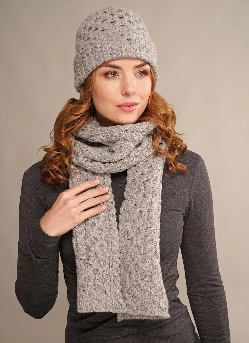 Wool Cashmere Cable Hat & Scarf Set - Light Grey