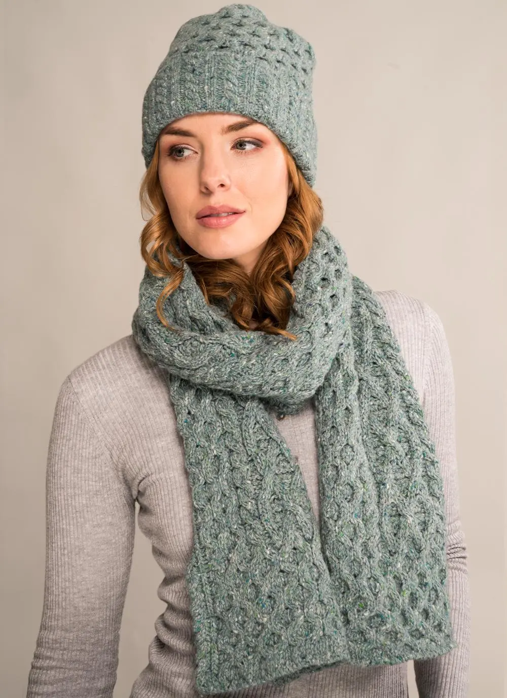 Wool Cashmere Cable Hat & Scarf Set - Ocean Mist