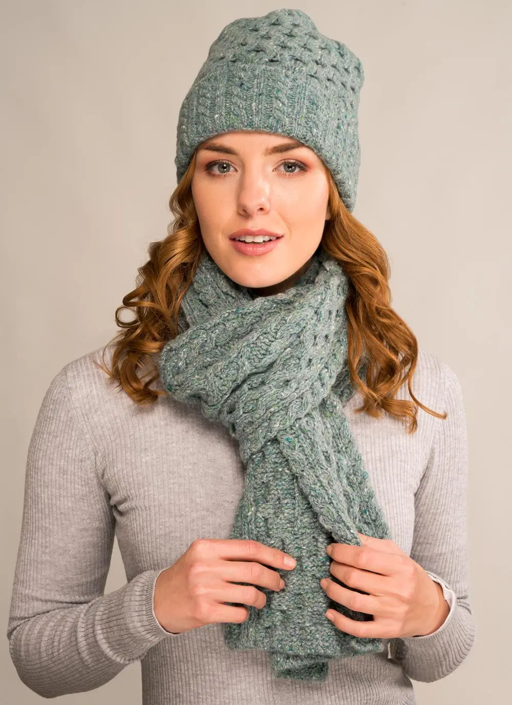 Wool Cashmere Cable Hat & Scarf Set - Ocean Mist