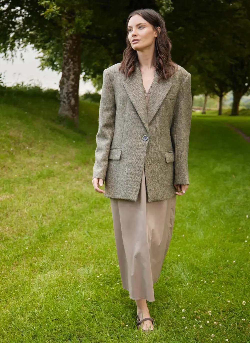 Irish Tweed Boyfriend Jacket in Brown Herringbone