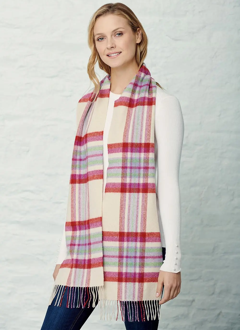 Lambswool Scarf Natural & Cherry 
