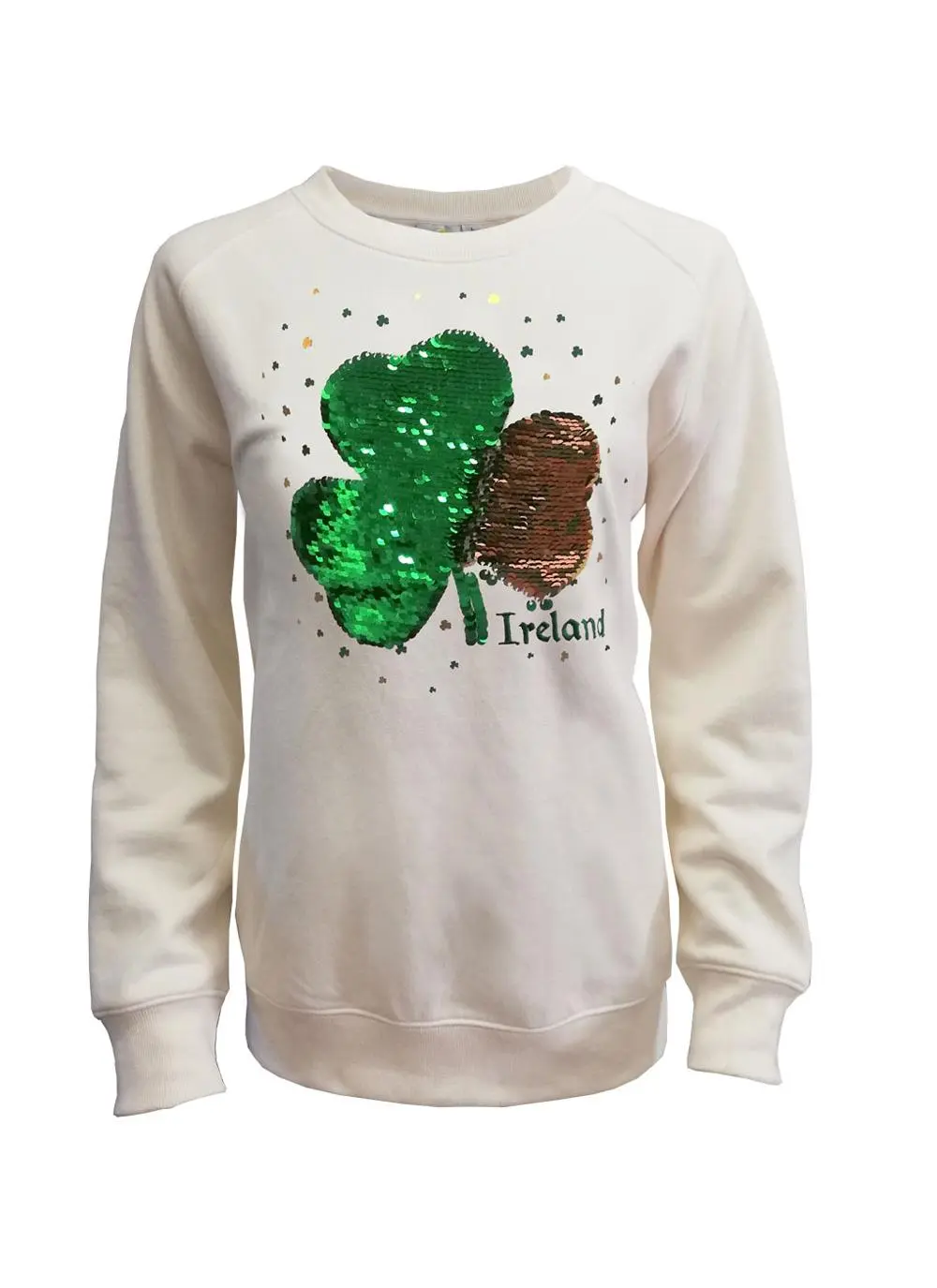 Ladies Cream Reversible Sequin Shamrock Sweatshirt