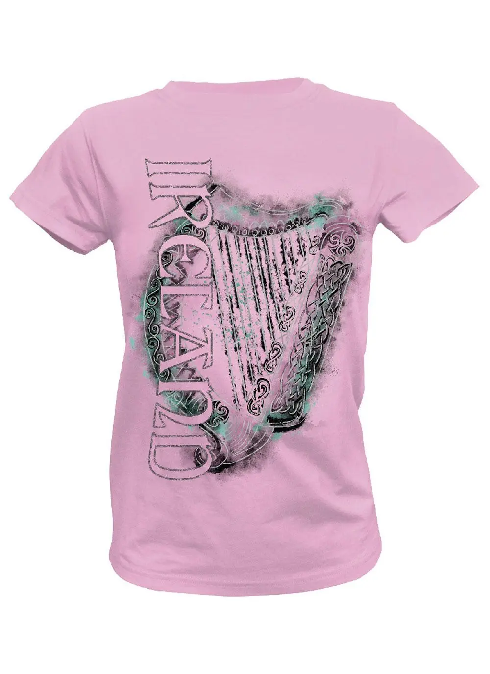 Ladies Ireland Harp Pink Round Neck T-Shirt