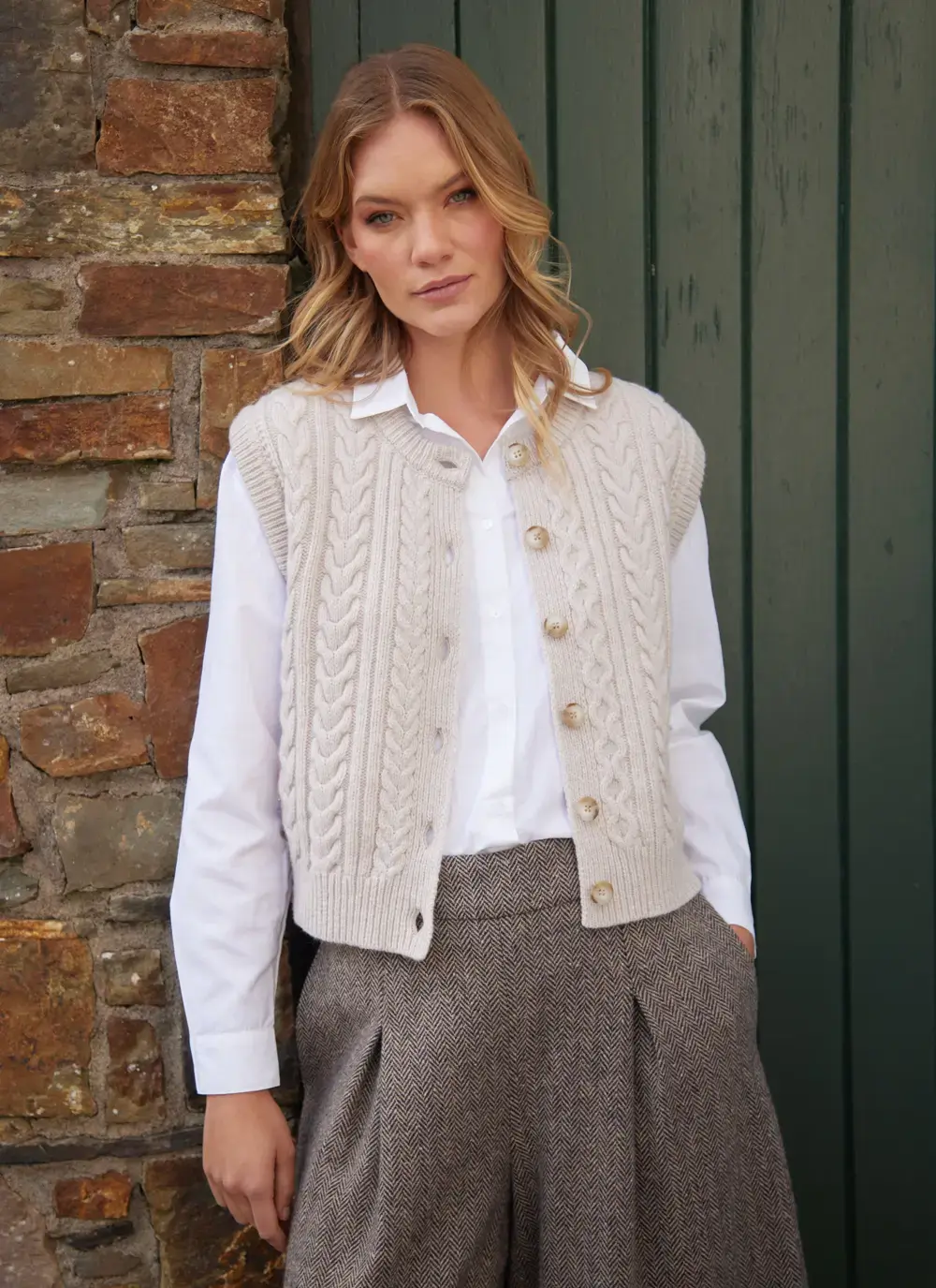 Ladies Sleeveless Aran Cardigan 