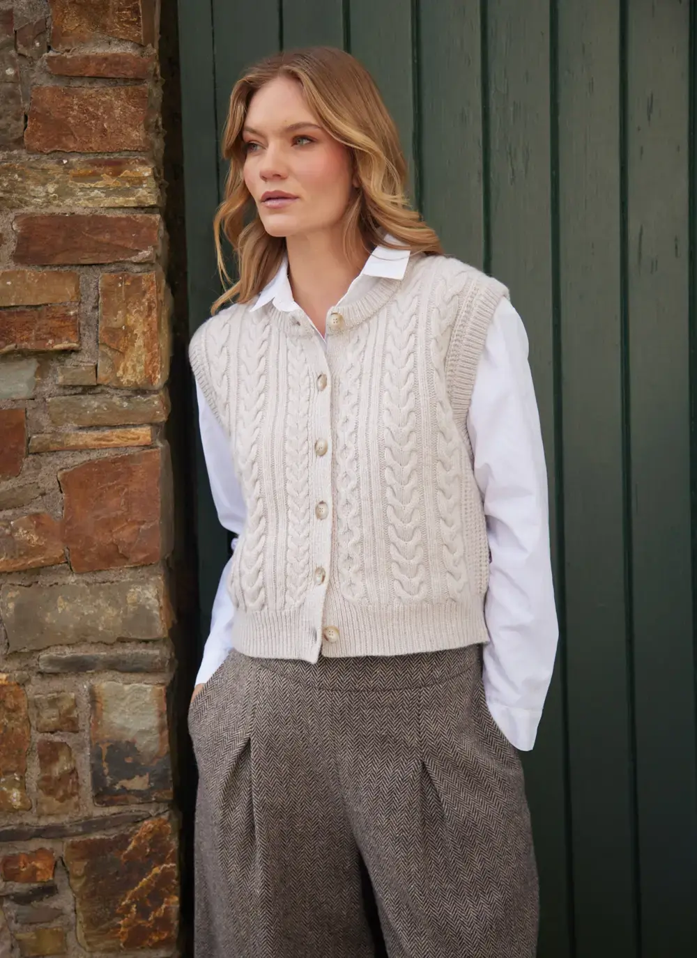 Ladies Sleeveless Aran Cardigan 