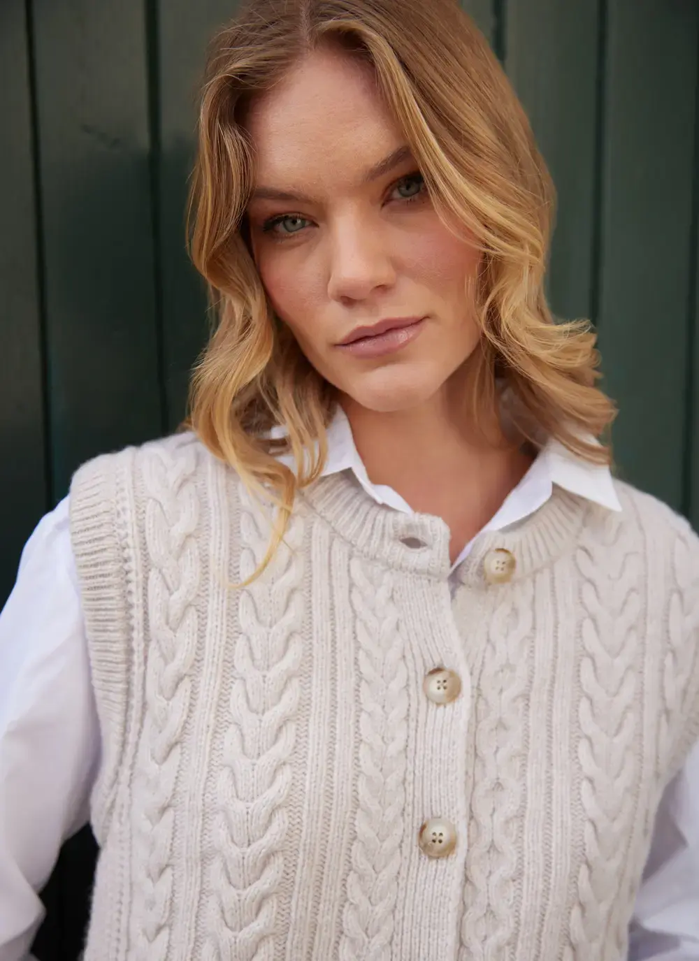 Ladies Sleeveless Aran Cardigan 
