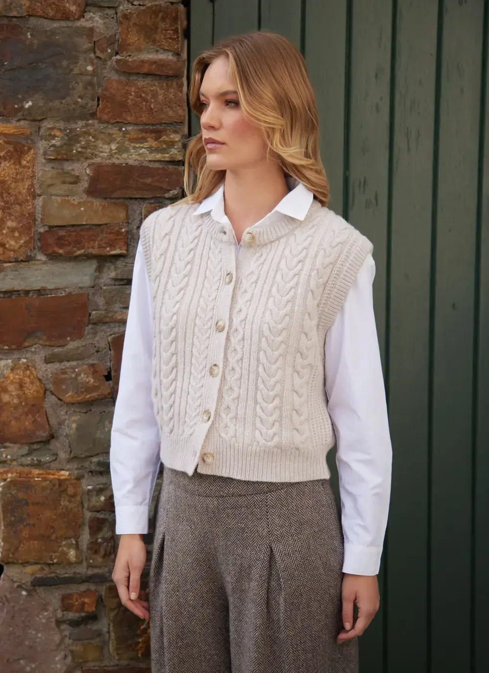 Ladies Sleeveless Aran Cardigan 