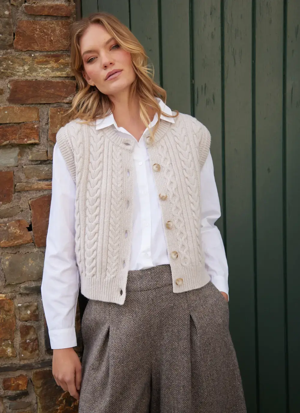 Ladies Sleeveless Aran Cardigan 