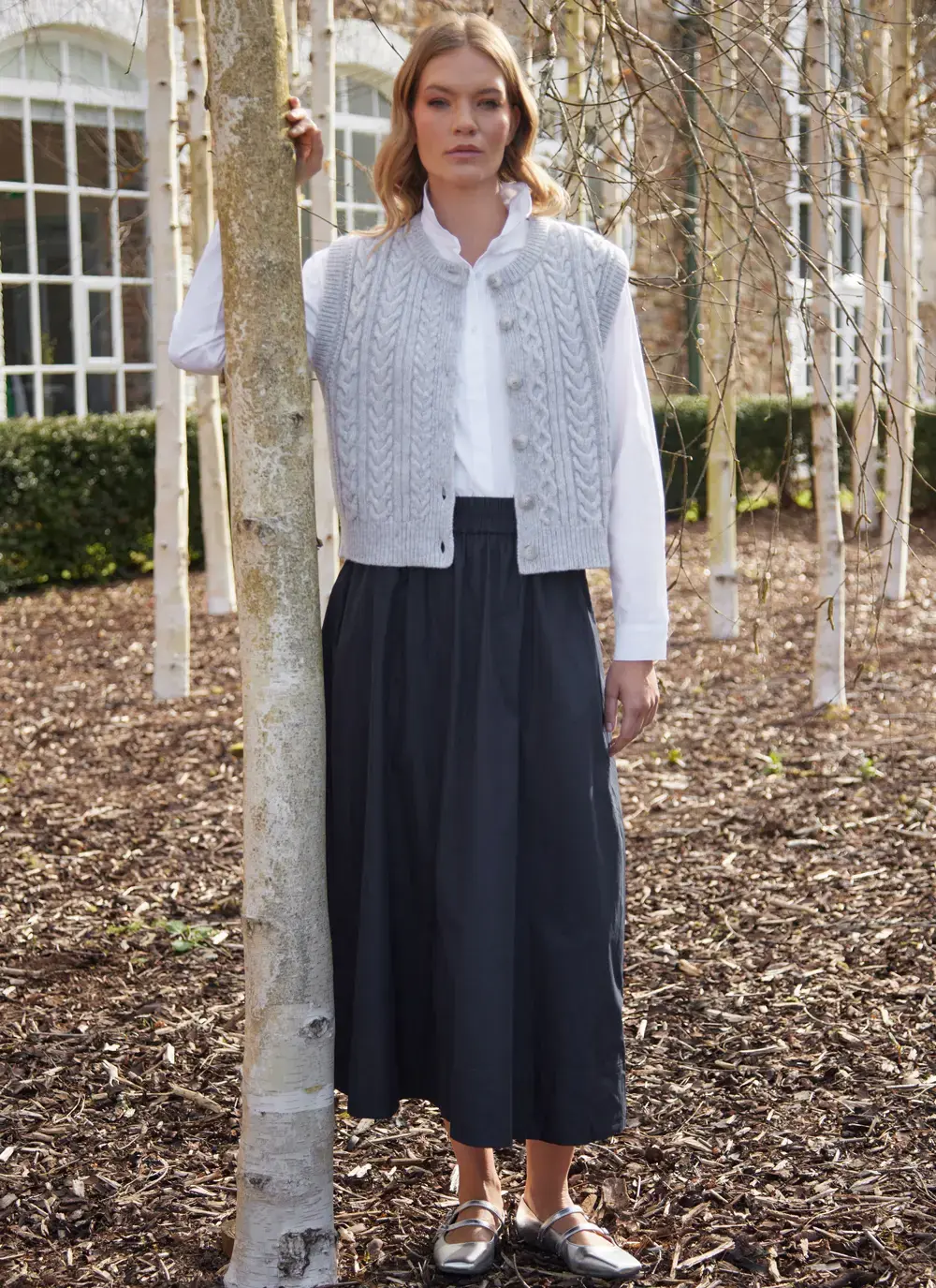 Ladies Sleeveless Aran Cardigan in Grey Melange