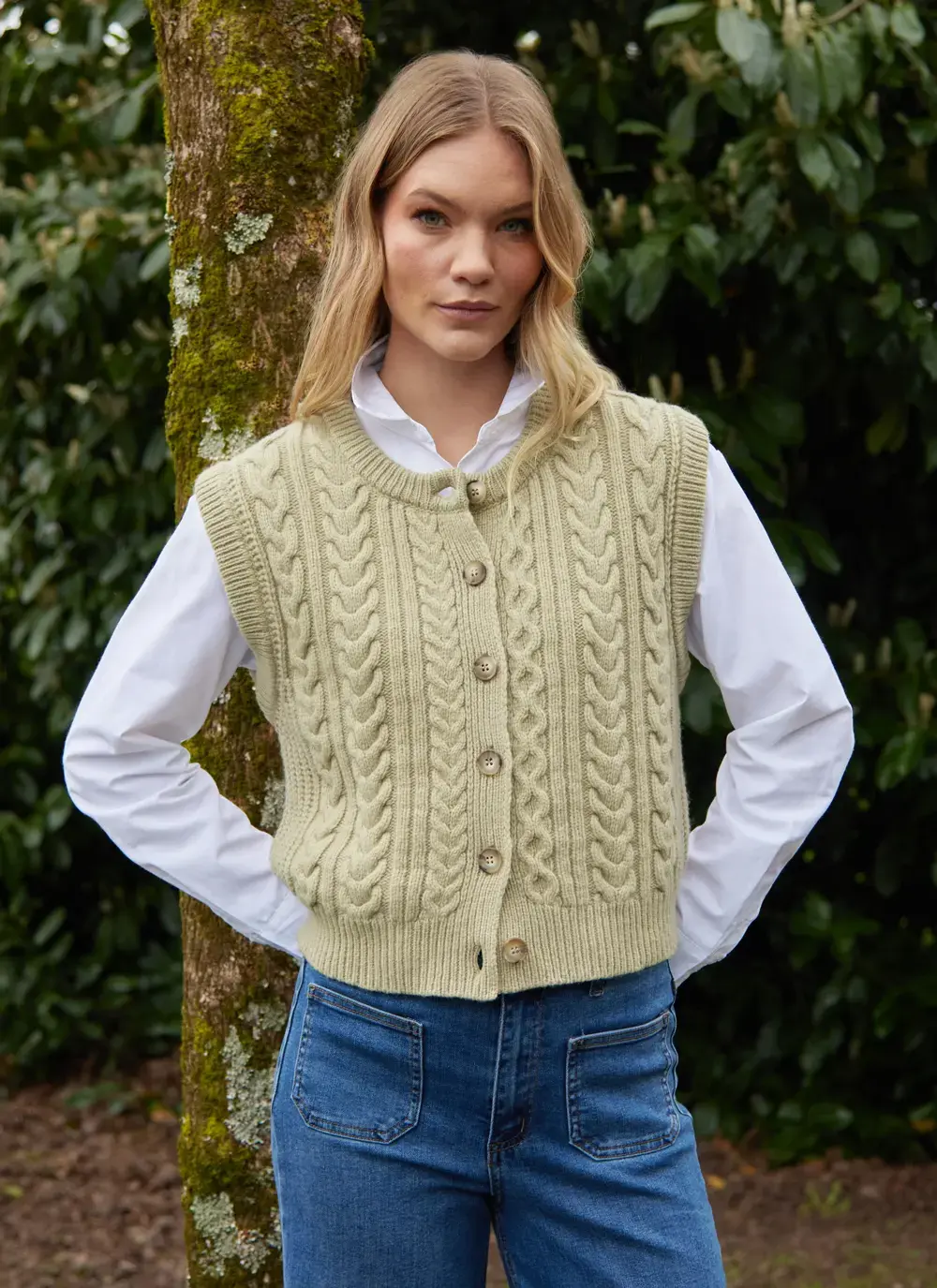 Ladies Sleeveless Aran Cardigan 