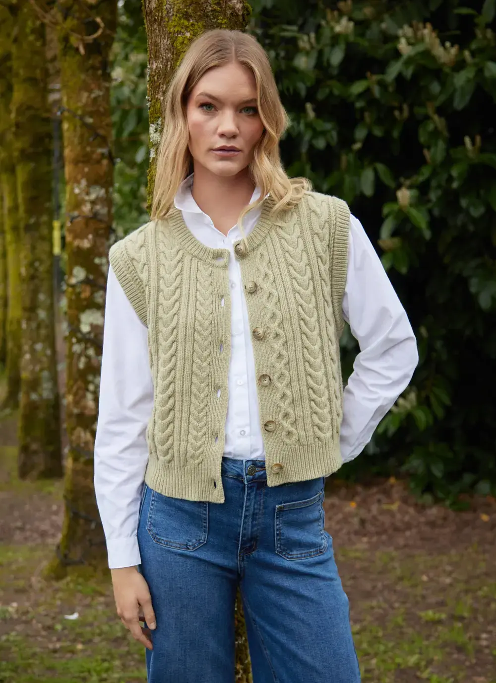 Ladies Sleeveless Aran Cardigan 